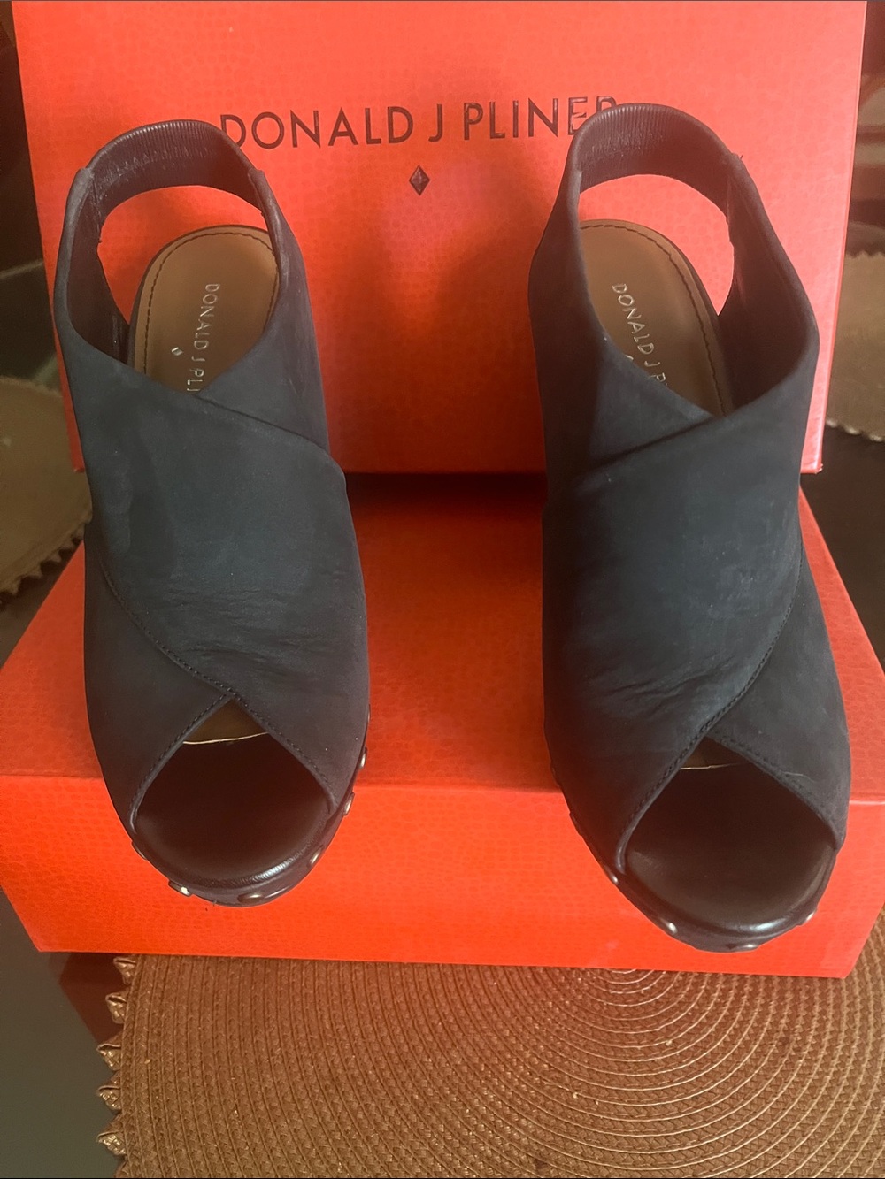 Donald J. Pliner Black Suede Peep-Toe Crossover Slingback Heels